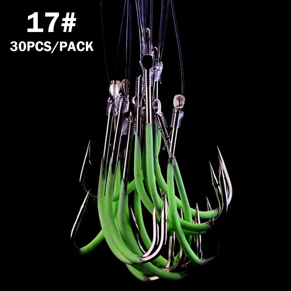 30pcs/lot Night Fishing Hook Glow In Dark String Hooks 16-24# Luminous Crank Nake Single Fishhook Freshwater & Saltwater