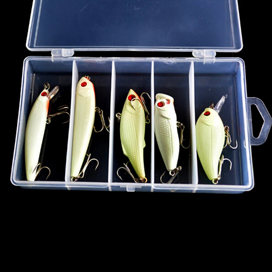 5pcs/Lot Night Glow Crankbaits Fishing Lures Set Minnow Wobblers Popper Vib Pencil Luminous Artificial Baits Kit With Lure Box