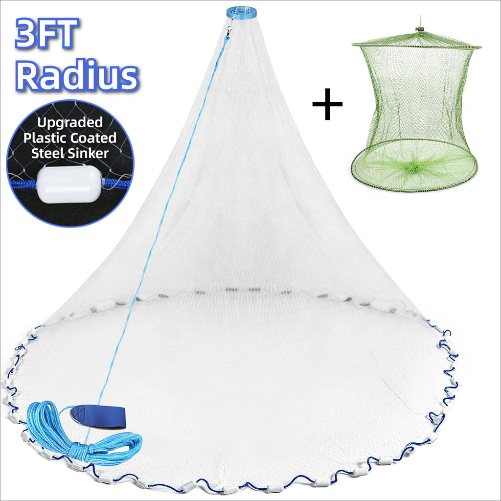 American Saltwater Fishing Cast Net for Bait Trap Fish 3/4/5/6/7/8/9/10ft Radius Casting Nets with Heavy Duty Zinc Sinker Weight