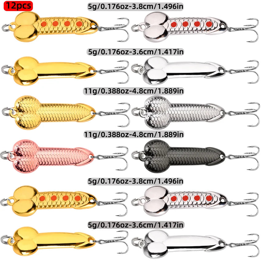 12Pcs Spoon Fishing Lures Set Metal Dick Penis Shape Bait Crankbait Hook 5-20g Metal Sequin VIB Jig Pesca Fishing Lures Bait
