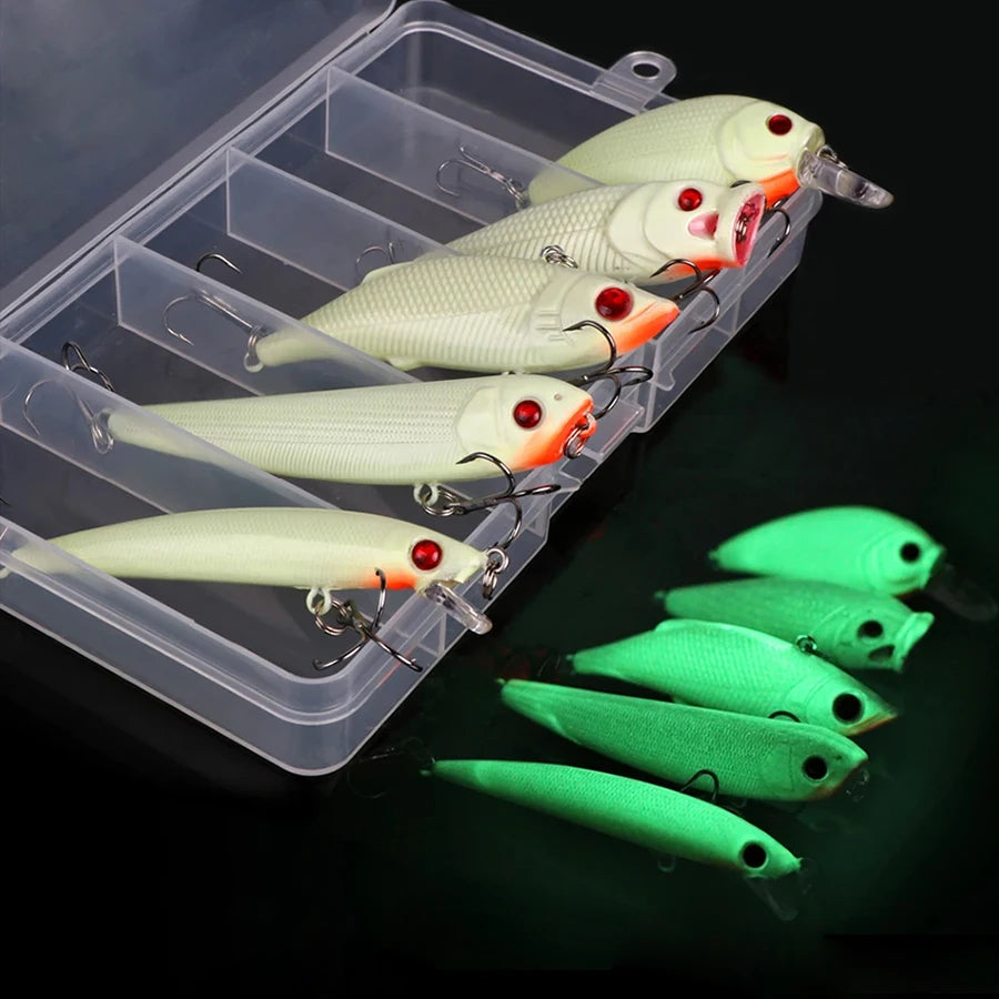 5pcs/Lot Night Glow Crankbaits Fishing Lures Set Minnow Wobblers Popper Vib Pencil Luminous Artificial Baits Kit With Lure Box