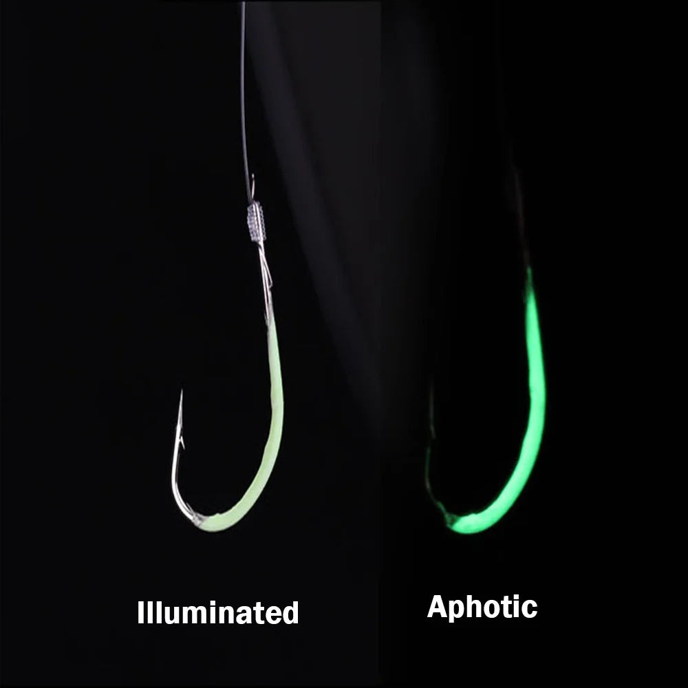 30pcs/lot Night Fishing Hook Glow In Dark String Hooks 16-24# Luminous Crank Nake Single Fishhook Freshwater & Saltwater