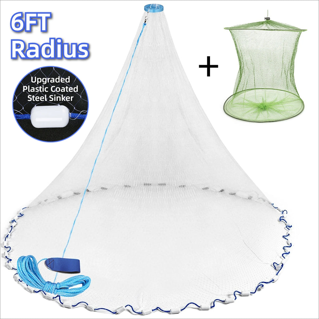 American Saltwater Fishing Cast Net for Bait Trap Fish 3/4/5/6/7/8/9/10ft Radius Casting Nets with Heavy Duty Zinc Sinker Weight