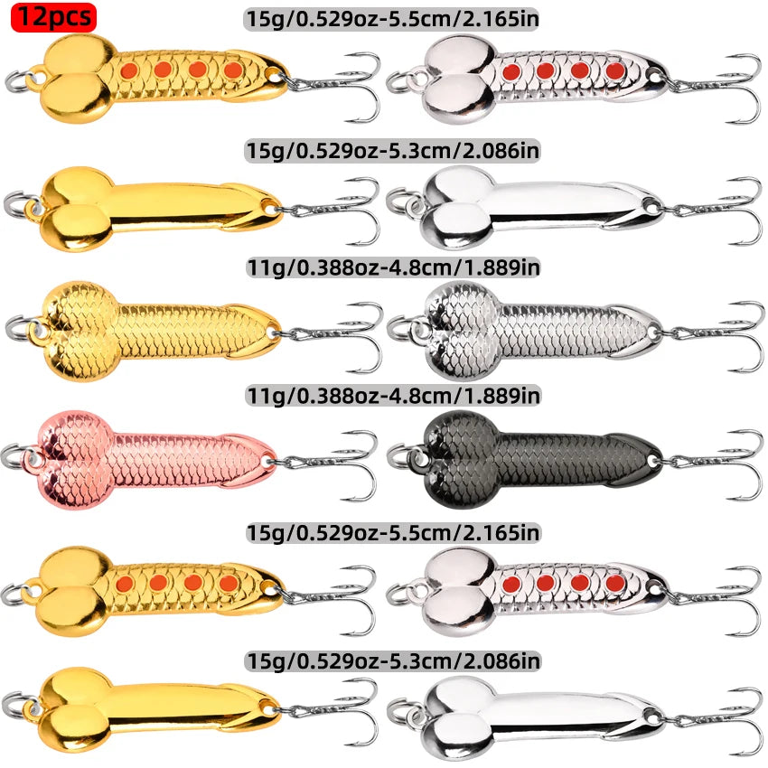 12Pcs Spoon Fishing Lures Set Metal Dick Penis Shape Bait Crankbait Hook 5-20g Metal Sequin VIB Jig Pesca Fishing Lures Bait