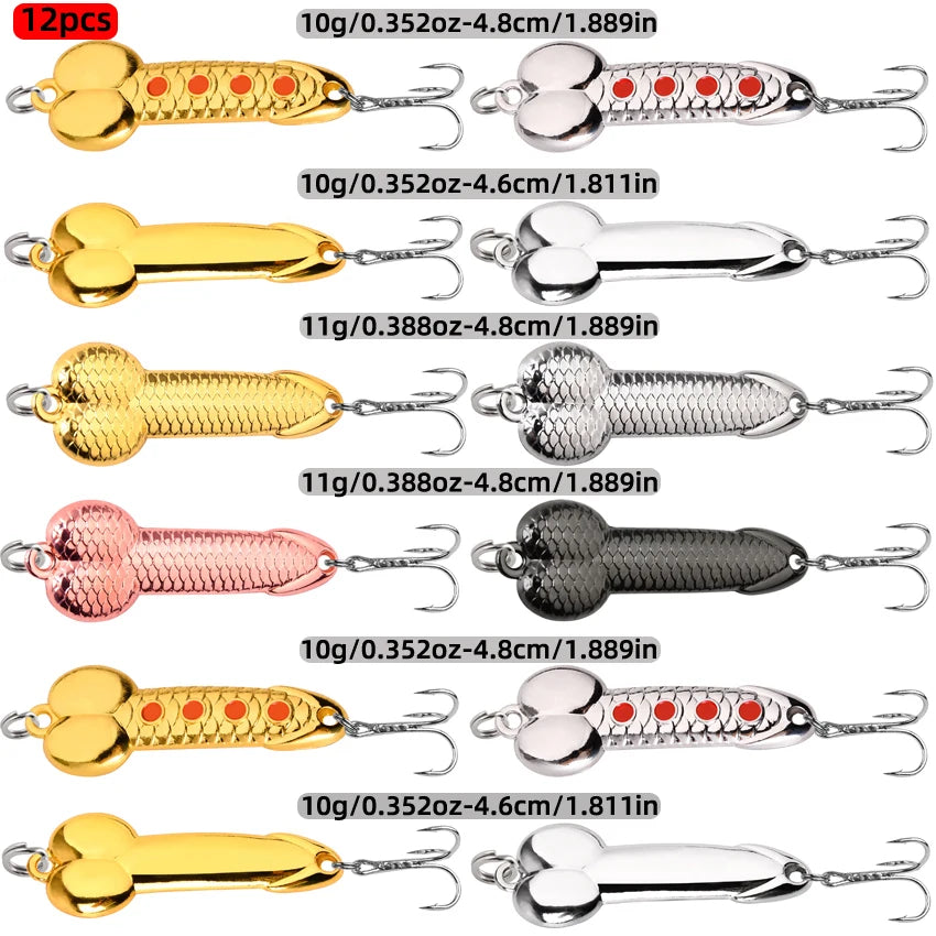12Pcs Spoon Fishing Lures Set Metal Dick Penis Shape Bait Crankbait Hook 5-20g Metal Sequin VIB Jig Pesca Fishing Lures Bait