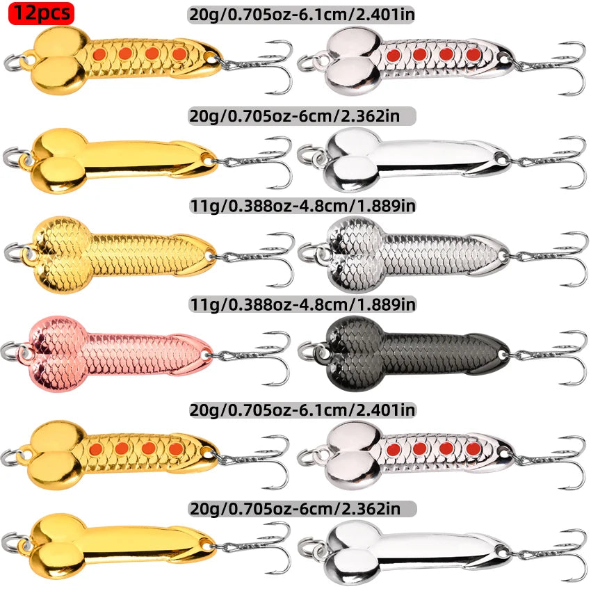 12Pcs Spoon Fishing Lures Set Metal Dick Penis Shape Bait Crankbait Hook 5-20g Metal Sequin VIB Jig Pesca Fishing Lures Bait